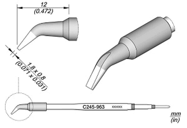 Das Bild zeigt eine technische Zeichnung eines dünnen, gebogenen Instruments mit einem schlanken Griff. Es sind Maße angegeben, die den Durchmesser und die Länge des Werkzeugs zeigen.