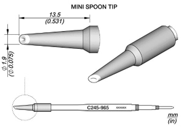 Das Bild zeigt eine technische Zeichnung eines "Mini Spoon Tip". Die Darstellung enthält Maße und die Form eines spitzen, ovalen Aufsatzes. Er ist für Präzisionsarbeiten gedacht.