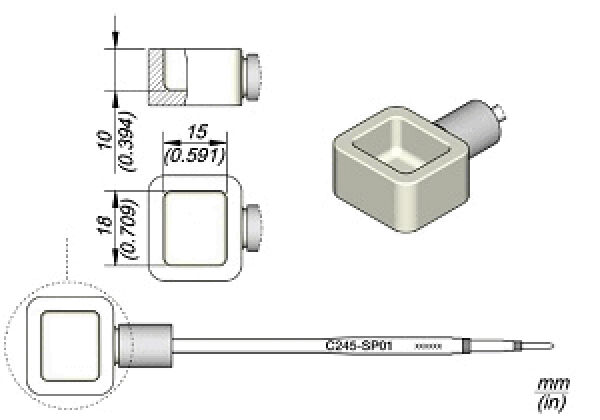 Das Bild zeigt eine technische Zeichnung eines quadratischen Sensors mit einem Rohr, das an eine quadratische Basis angrenzt. Es enthält Maße in Millimetern.