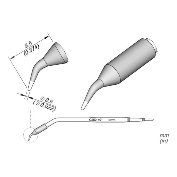 The image displays technical drawings of a narrow, conical tool with two views. Dimensions are provided in millimeters, including a curved line.