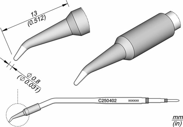 The image displays technical drawings of a sharp tool with various views. Dimensions are provided: a length of 13 mm and a diameter of 0.8 mm.