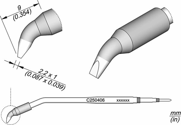 The image displays technical drawings of a narrow, curved tool with a pointed end. Dimensions are provided that describe the shape and size of the tool.