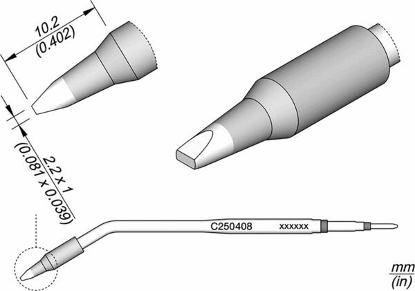 The image displays technical drawings of a tool with a pointed end and a curved handle. Dimensions are noted. It has a cylindrical head and a precise cutting surface.