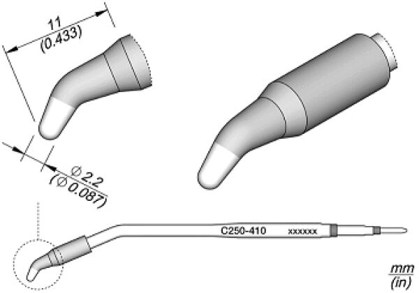 The image displays technical drawings of a special tool with a curved end. There are dimensions in millimeters and a detailed view of the tool's structure.