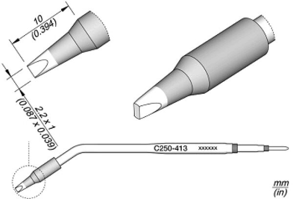 The image displays technical drawings of a tool. It has a long, thin body with a pointed, flat tip. Dimensions are provided in millimeters.