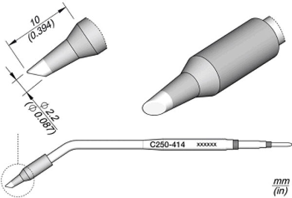 Das Bild zeigt eine technische Zeichnung eines spitzen Werkzeugs mit einem ergonomisch geformten Griff. Es sind Maßangaben und eine geschwungene Form dargestellt, die für Präzision sorgt.