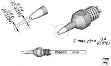 The image displays a technical drawing of a nozzle element. It consists of a cylindrical body with a narrow, pointed end and includes measurements of diameters and a part number.