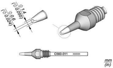 The image displays a technical drawing of a spray nozzle attachment with various views. The nozzle opening has precise dimensions, specified in millimeters and inches.