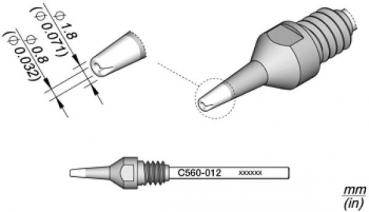 The image displays various views of a fine, metallic tip with different diameters. The dimensions are provided in millimeters and inches, with detailed drawings.