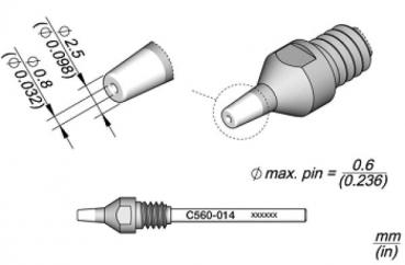 The image displays technical drawings of a component with various views. It features a conical tip, a cylindrical body, and visible dimensions in millimeters and inches.