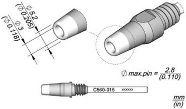 Das Bild zeigt technische Zeichnungen eines kleinen, zylindrischen Steckverbinders mit Maßangaben und unterschiedlichen Ansichten. Der Connector hat einen gewundenen Teil und geometrische Details.