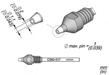 The image shows a technical drawing of a component with a sharp, conical shape. Dimensions are provided at one end, and two views are depicted: a side view and a top view.