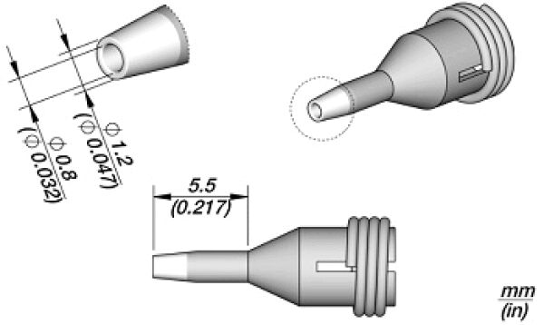 The image shows a technical drawing of a connector. It has a pointed shape, with various views and dimensions. The representation also includes details such as diameter and threading.