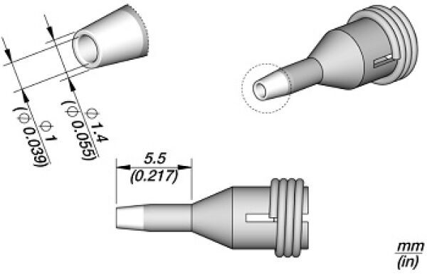 Das Bild zeigt technische Zeichnungen eines Bauteils, vermutlich eines Steckers. Es gibt verschiedene Ansichten und Maßangaben, die Details der Form und Größe beschreiben.