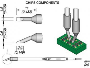 The image displays technical drawings of chip components. There is a green board with several components and various wire ends in different shapes and sizes. Dimensions are provided.