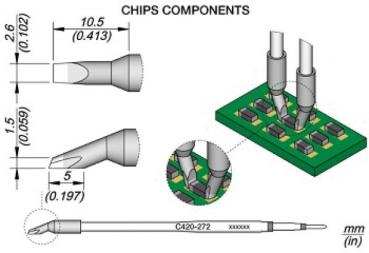 Das Bild zeigt technische Zeichnungen von Chip-Komponenten mit Maßen. Es sind zwei verschiedene Lötspitzen und eine Platine mit mehreren Bauteilen abgebildet.