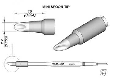 Das Bild zeigt eine technische Zeichnung eines Mini-Löffelaufsatzes. Der Aufsatz hat eine ovale Öffnung und ist an einem zylindrischen Griff befestigt. Maße sind beschriftet.