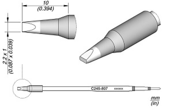 Das Bild zeigt technische Zeichnungen eines Geräts. Es gibt eine Seitenansicht, eine Draufsicht und eine Ansicht des Endes. Das Gerät hat eine spitz zulaufende Form und ist in der Mitte dünner. Maße sind angegeben.