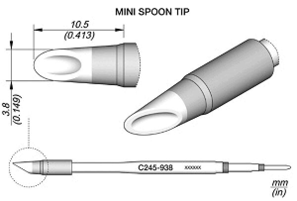 The image displays a technical drawing of a small spoon tip. It features an oval opening and measures approximately 10.5 mm in width and 3.8 mm in height.