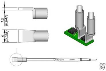 Das Bild zeigt technische Zeichnungen eines Bauteils. Es umfasst Frontansichten und Maße eines flachen Anschlusses sowie eine PCB mit zwei vertikalen Kontakten. Maße sind angegeben.