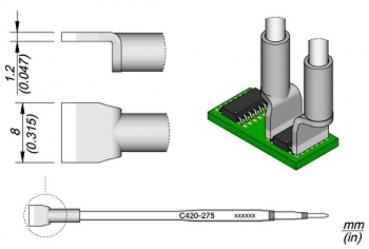 Das Bild zeigt eine technische Zeichnung eines elektronischen Bauteils. Es gibt einen grünen PCB mit zwei vertikalen Anschlüssen und eine Längenangabe mit verschiedenen Maßen.