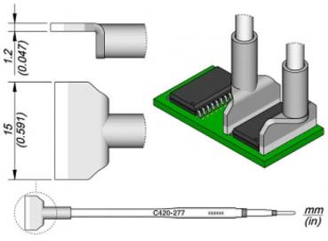 Das Bild zeigt technische Zeichnungen eines Moduls mit zwei vertikalen Anschlüssen auf einer grünen Platine. Maße sind angegeben, die eine präzise Orientierung ermöglichen.