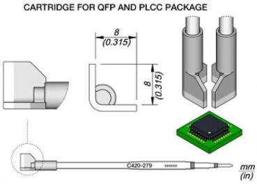 The image displays a technical drawing of a cartridge for QFP and PLCC packages. It includes various views and dimensions, such as a top view and a side view.