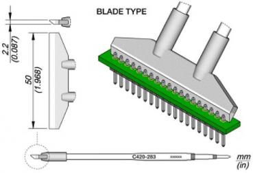 Das Bild zeigt eine technische Zeichnung eines Bauelements. Oben ist ein flacher, rechteckiger Chip mit zwei Anschlüssen und einer Bestückung aus vielen kleinen Pins zu sehen. An einem Ende ist eine detaillierte Ansicht eines Stifts.