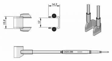 The image displays technical drawings of a device or tool. It shows various views and dimensions. The details include lengths and widths in millimeters.