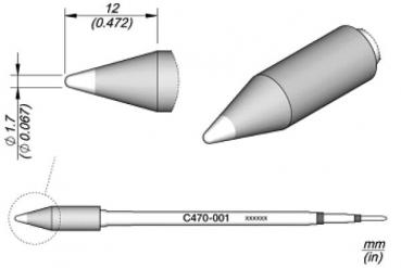 Das Bild zeigt technische Zeichnungen eines schlanken, spitzen Objekts, das einem Stift ähnelt. Es hat runde und konische Formen sowie Maßangaben in mm und Zoll.