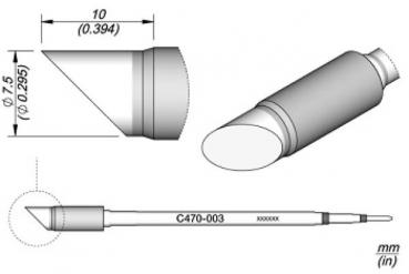 The image shows technical drawings of a tool or a pen with various views: top view, side view, and detail. Dimensions are provided.