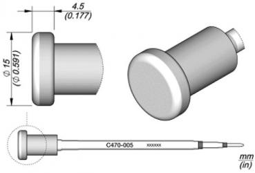 The image displays a technical drawing of a small cylindrical object with a round head and a long, thin pin. Dimensions are provided. The object has a diameter of 4.5 mm.