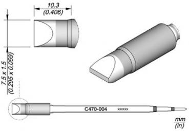 The image displays a technical drawing of a pen. It has a rounded tip and a cylindrical shape. Dimensions are provided: length 10.3 mm, diameter 7.5 mm.