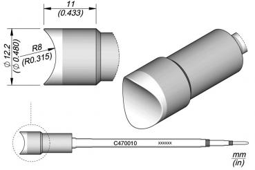 The image displays technical drawings of a cylindrical object with a rounded end. There are various views and measurements, including diameter and length.