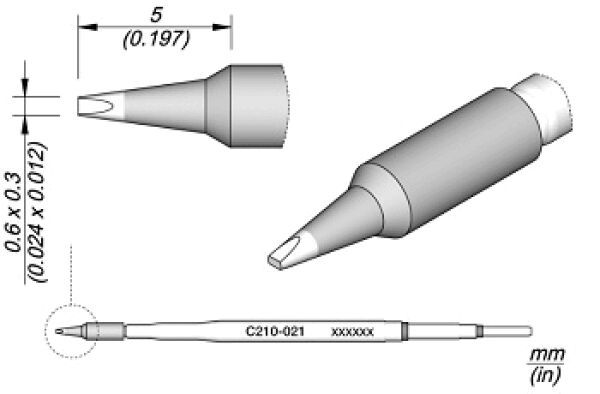 Das Bild zeigt verschiedene Ansichten eines Stifts. Oben sind die Vorder- und Rückseite, darunter die Seitenansicht mit Dimensionen. Der Stift hat eine feine Spitze und einen runden Körper.