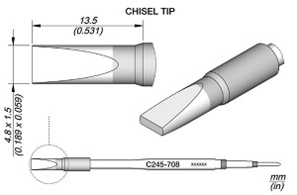 Das Bild zeigt eine technische Zeichnung eines Meißelaufsatzes. Er hat eine konische Form mit einer flachen Spitze. Maße sind angegeben: Länge 13,5 mm und Breite 4,8 mm.