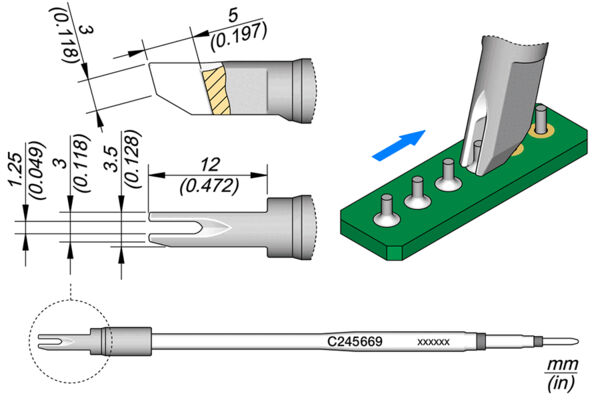 The image displays technical drawings of a component with various views and dimensions. Details such as diameter, lengths, and an assembly position on a circuit board are shown.