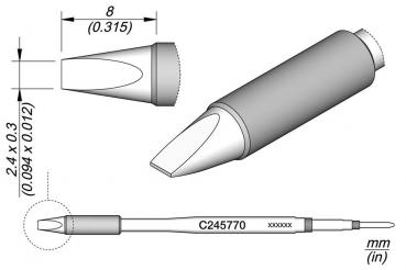 The image displays technical drawings of a device with a sharp, conical tip in the foreground. On the left side, dimensions are given in millimeters, while the overall shape is cylindrical.