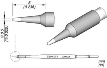 Das Bild zeigt eine technische Zeichnung eines feinen Stifts oder einer Nadel. Er hat eine spitze, konische Form mit einem Durchmesser von 0,5 mm und einer Länge von 6 mm. Unterschiedliche Ansichten sind dargestellt.