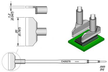 Das Bild zeigt eine technische Zeichnung eines Prüfadapters. Er besteht aus einem Gehäuse mit zwei Anschlüssen, die auf eine grüne Platine ausgerichtet sind. Maße sind angegeben.