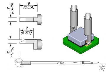 The image displays a technical drawing of a component on a green circuit board. It features dimensions as well as two round metal protrusions with a central, square component.