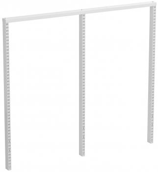 The image shows a simple, white shelving frame with two vertical sides connected by a horizontal bar at the top. It features various perforations for mounting options.