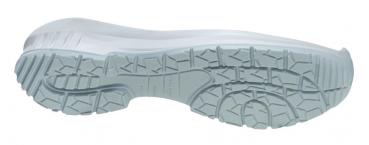 The image shows the underside of a sports shoe. The sole is light gray with a textured pattern that provides better grip. It has a slightly curved shape.