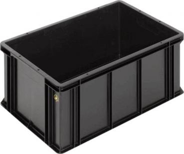 The image displays a rectangular, black plastic box. It has smooth walls, a flat top, and is slightly larger than a shoebox. Ideal for storing or transporting items.