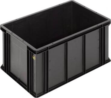 The image shows a rectangular, black plastic box with sturdy walls. It has no lid and is ideal for storing or transporting items.