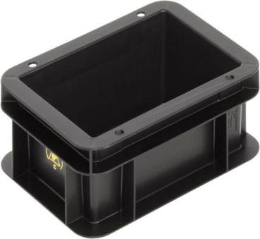 The image shows a rectangular, black plastic container. It has four walls and an open interior. There are small holes on the sides, likely for attachments.