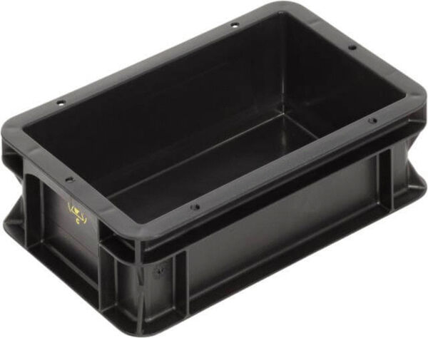 It is a rectangular, flat box made of black plastic. It has straight sides and a smooth interior, suitable for storing or transporting items.