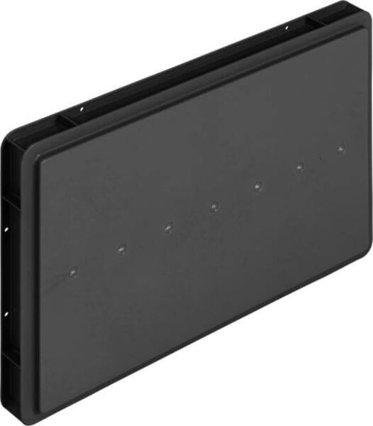 The image shows a rectangular, black object with a smooth surface. On the front, there are six small, round protrusions arranged in an evenly distributed manner.