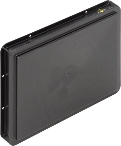 The image shows a flat, rectangular, black box. It has smooth surfaces and holes on the sides for mounting. The shape is simple and functional.