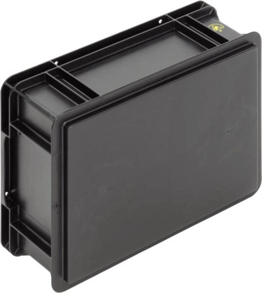 The image shows a rectangular, black plastic box with a smooth surface. It has two indented sides and a continuous edge that stabilizes it.